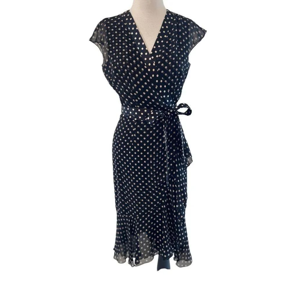 Etcetera Women's Polka Dot Flutter Cap Sleeve Silk Wrap Dress Black White Size 4